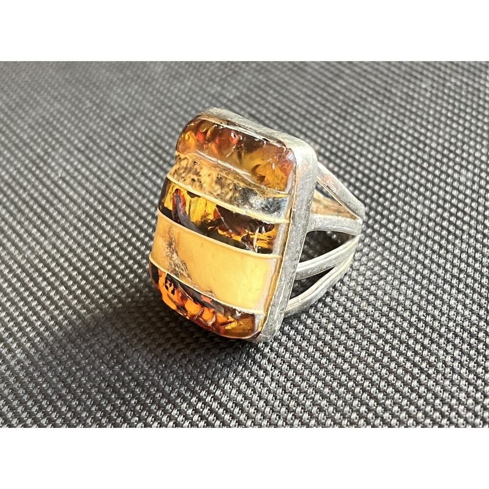 Vintage Artisan Sterling Silver Striped Honey Baltic Amber Split Shank Ring 7.5 - Picture 11 of 15